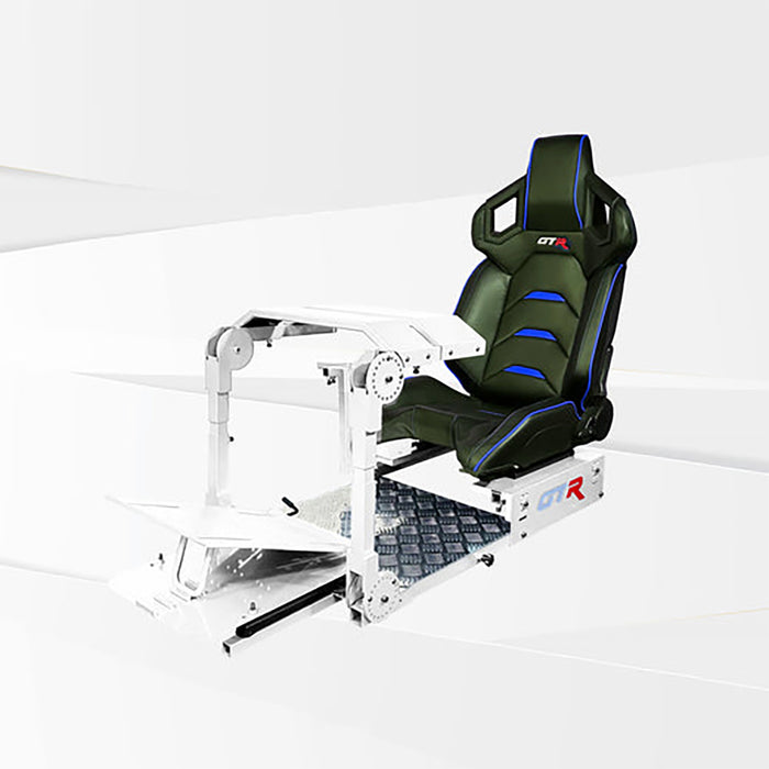 This is the Alpine White GTR Simulator GTA Pro Model Racing Simulator with Pista Black-Blue seat attached.