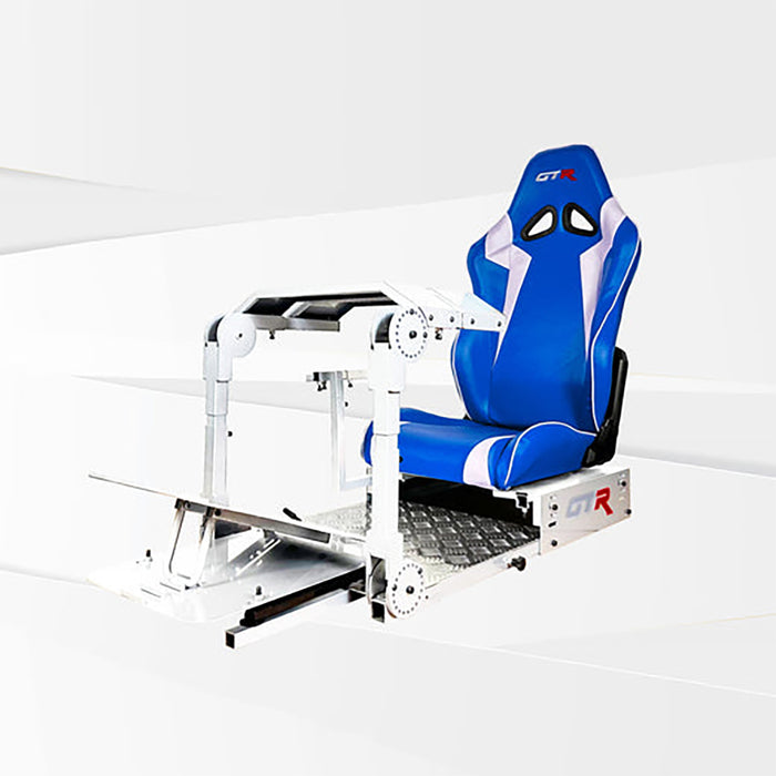 This is the Alpine White GTR Simulator GTA Pro Model Racing Simulator with Speciale Blue-White seat attached.