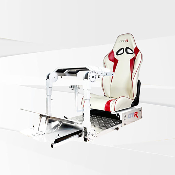 This is the Alpine White GTR Simulator GTA Pro Model Racing Simulator with Speciale White-Red seat attached.