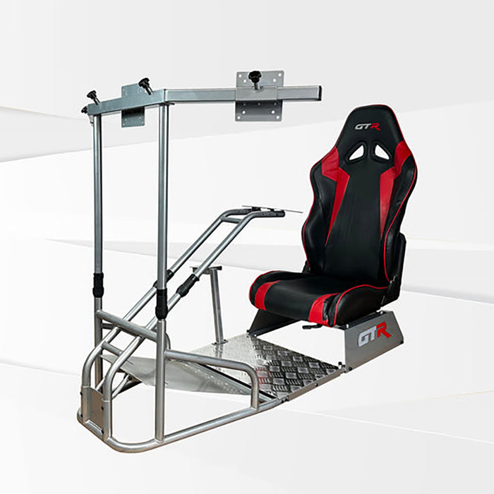 This is Diamond Silver GTR Sim GTSF Model Racing Simulator Frame with Speciale Black-Red seat.