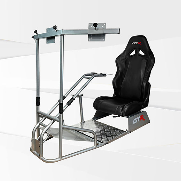 This is Diamond Silver GTR Sim GTSF Model Racing Simulator Frame with Speciale Black seat.