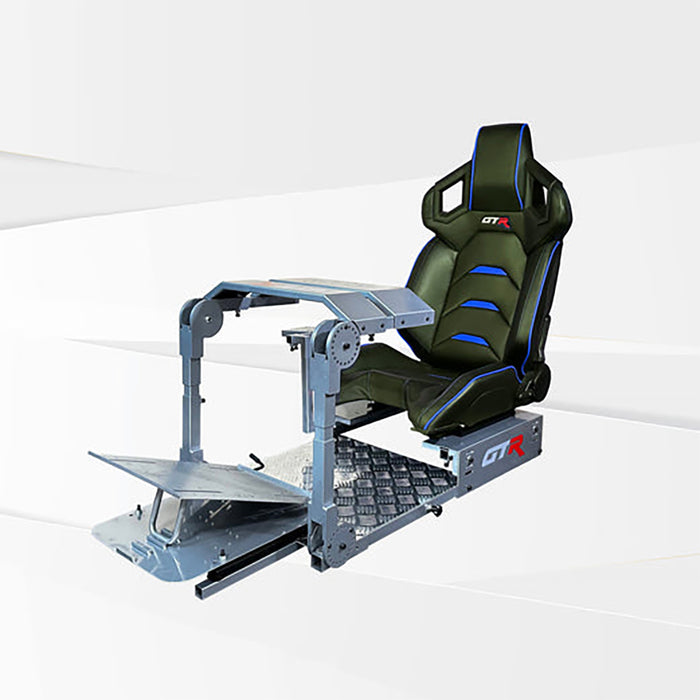 This is the Diamond Silver GTR Simulator GTA Pro Model Racing Simulator with Pista Black-Blue  seat attached.
