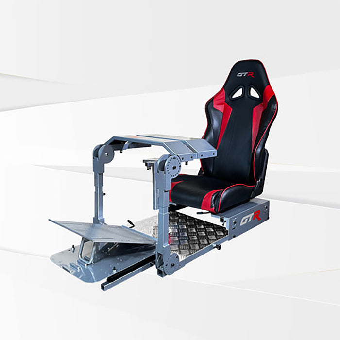 This is the Diamond Silver GTR Simulator GTA Pro Model Racing Simulator with Speciale Black-Red seat attached.