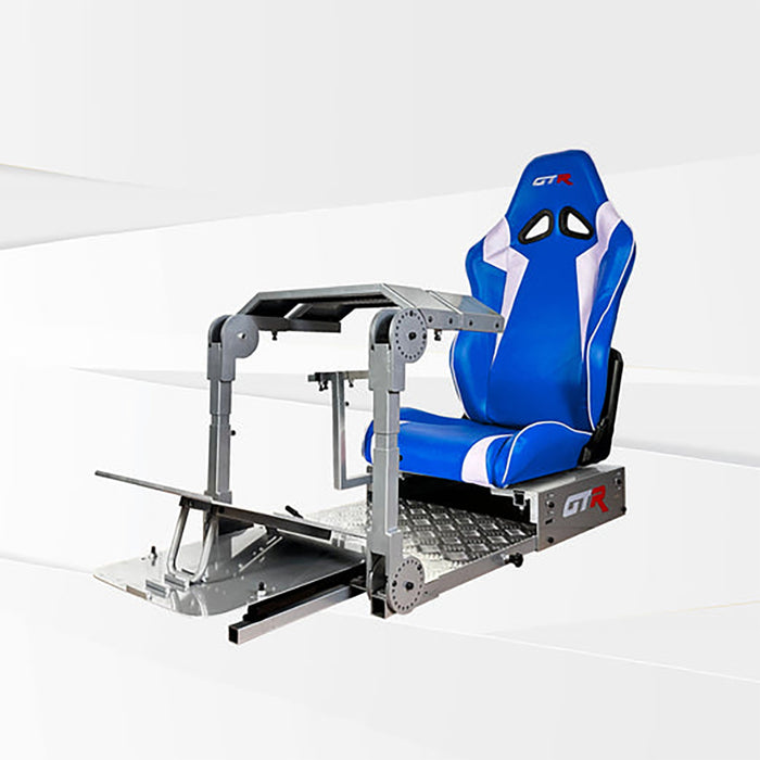 This is the Diamond Silver GTR Simulator GTA Pro Model Racing Simulator with Speciale Blue-White seat attached.