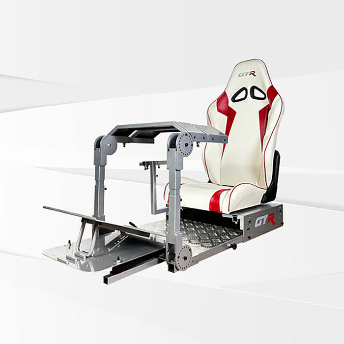 This is the Diamond Silver GTR Simulator GTA Pro Model Racing Simulator with Speciale White-Red seat attached.