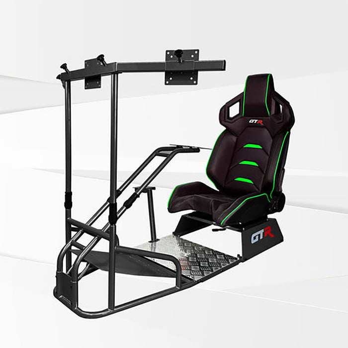 This is Majestic Black GTR Sim GTSF Model Racing Simulator Frame with Pista Black-Green seat.