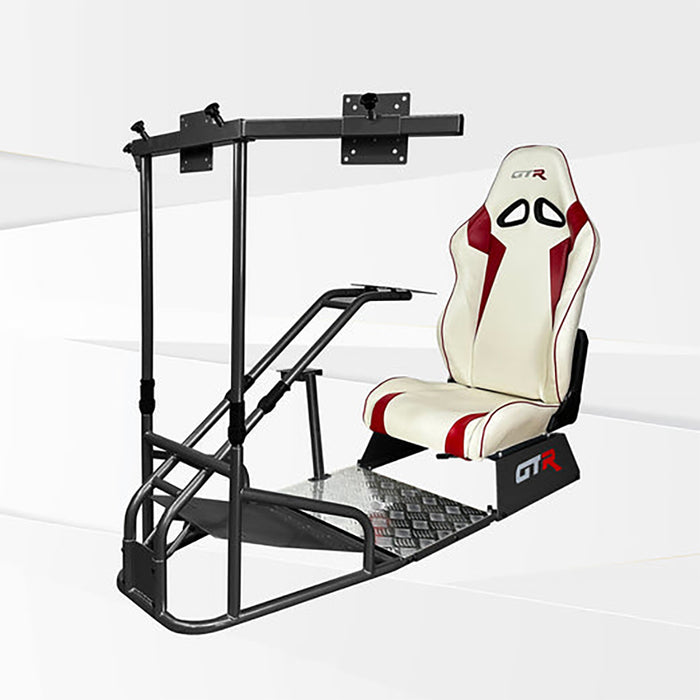 This is Majestic Black GTR Sim GTSF Model Racing Simulator Frame with Speciale White-Red seat.