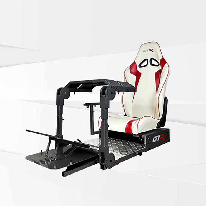 This is the Majestic Black GTR Simulator GTA Pro Model Racing Simulator with Speciale White-Red seat attached.