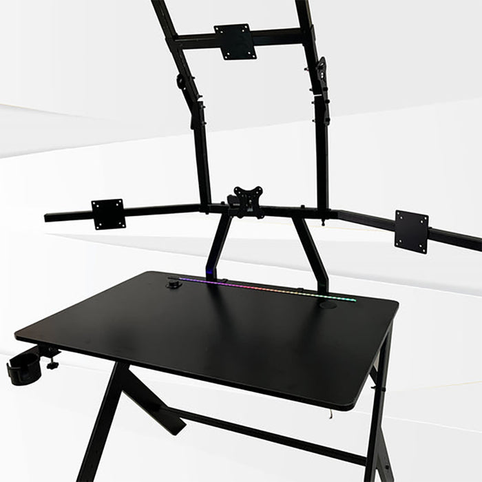 This is a closeup view of the GTR Simulator Pro Gaming Table with a quad monitor stand attached.