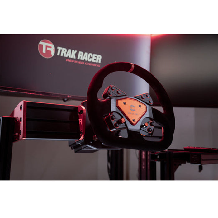 This is the Trak Racer TR80 Full Racing Simulator Setup - SPEC 2 closeup shot of the steering wheel with one of the monitors behind it.