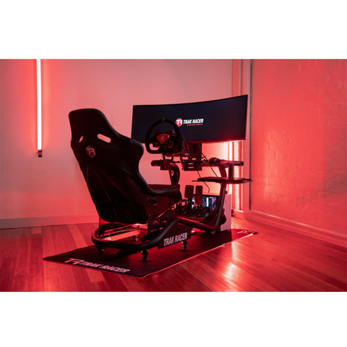 This is the Trak Racer TR8 Pro Full Racing Simulator Setup - SPEC 1 black seat full view from the back of the seat by the right side.
