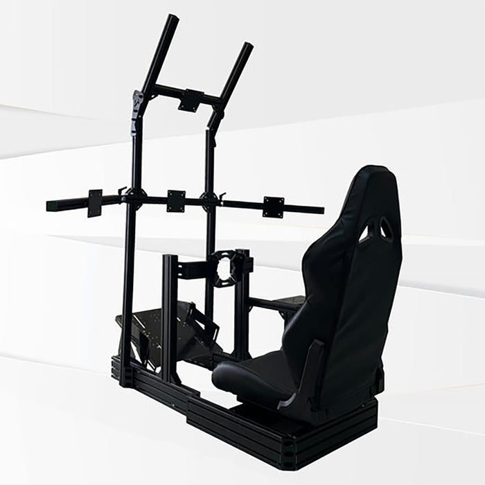 This is the back view of the GTR Sim GTA Revolution Racing Simulator with the Speciale Black seat mounted and quad monitor stand attached.