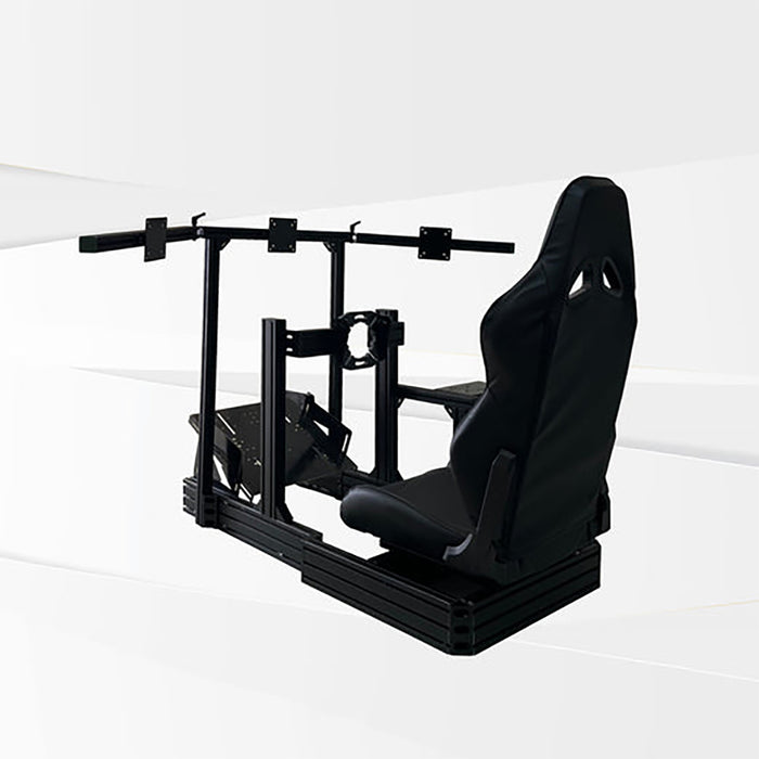 This is the back view of the GTR Sim GTA Revolution Racing Simulator with the Speciale Black seat mounted and triple monitor stand attached.