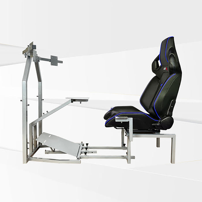 This is the full side view of the silver GTR Simulator CRJ Model Flight Simulator with the Pista Black-Blue seat attached.