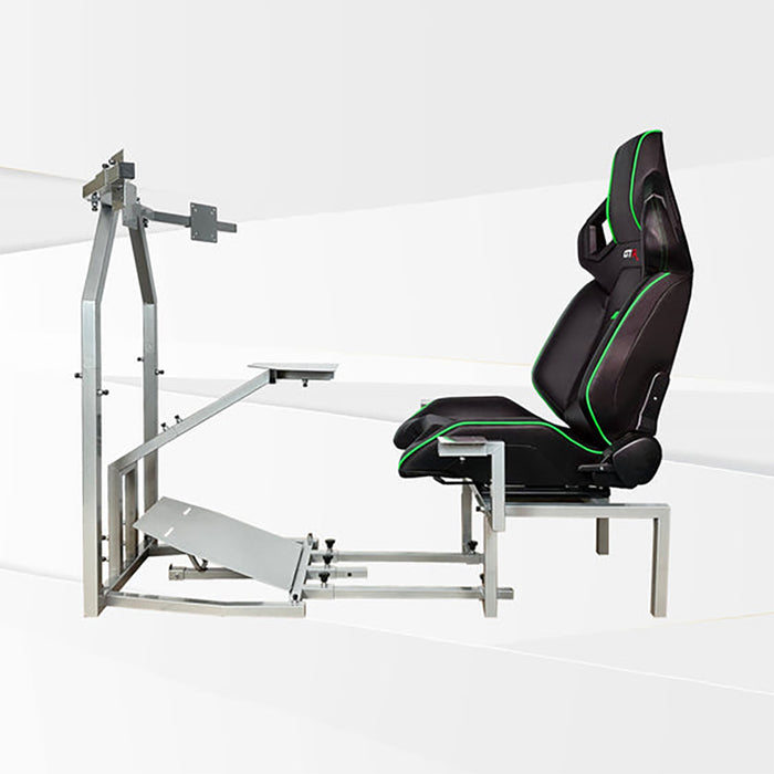 This is the full side view of the silver GTR Simulator CRJ Model Flight Simulator with the Pista Black-Green seat attached.