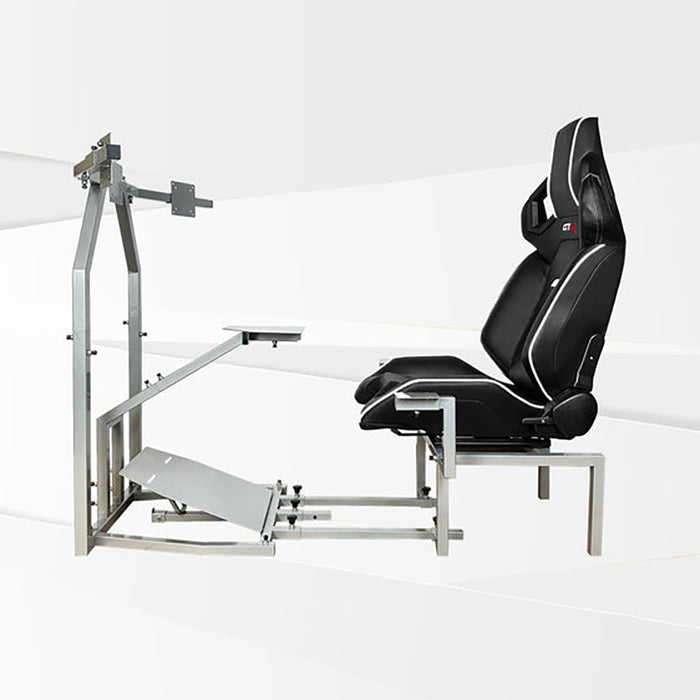 This is the full side view of the silver GTR Simulator CRJ Model Flight Simulator with the Pista Black-White seat attached.