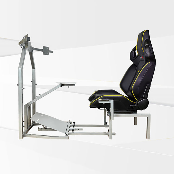 This is the full side view of the silver GTR Simulator CRJ Model Flight Simulator with the Pista Black-Yellow seat attached.