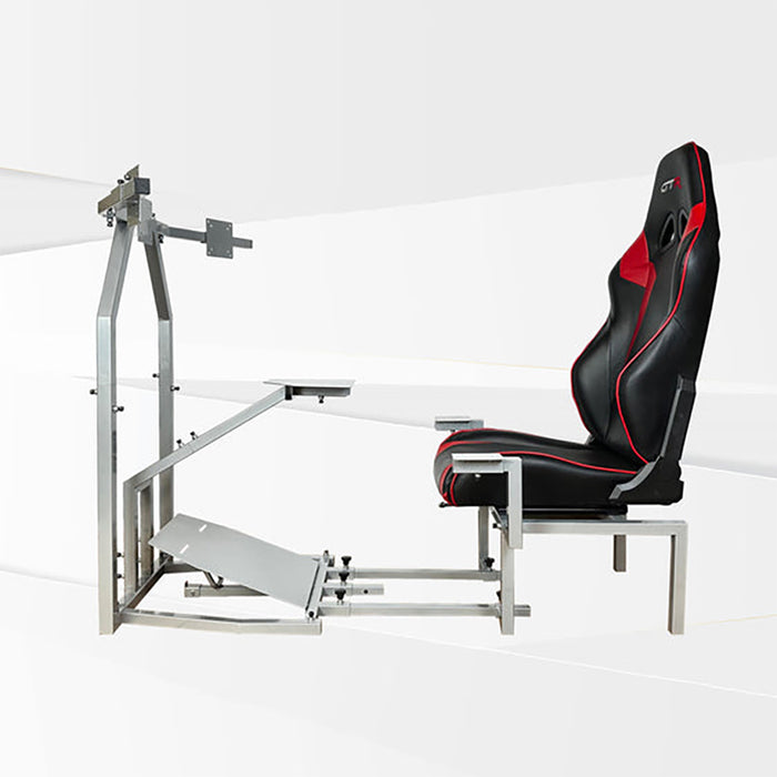 This is the full side view of the silver GTR Simulator CRJ Model Flight Simulator with the Speciale Black-Red seat attached.