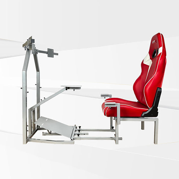 This is the full side view of the silver GTR Simulator CRJ Model Flight Simulator with the Speciale Red-White seat attached.