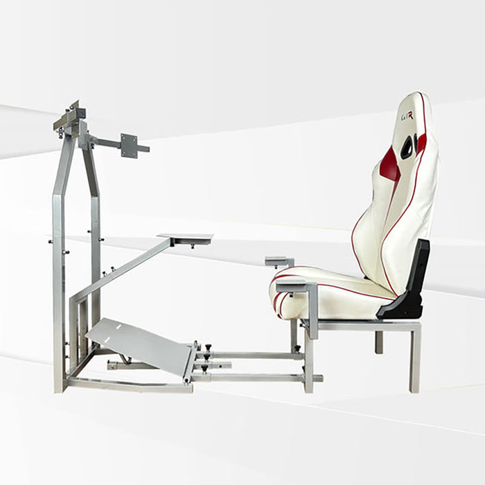 This is the full side view of the silver GTR Simulator CRJ Model Flight Simulator with the Speciale White-Red seat attached.
