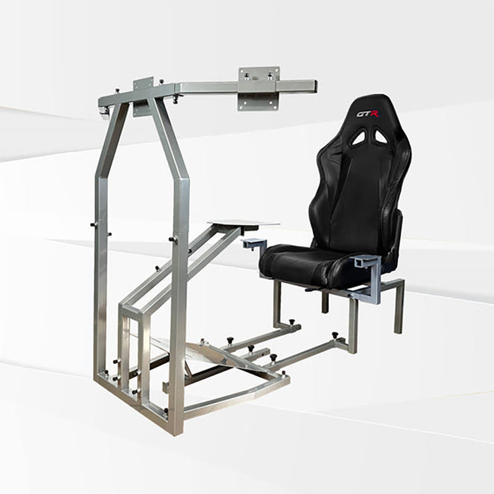This is the full view of the silver GTR Simulator CRJ Model Flight Simulator with the Speciale Black seat attached.