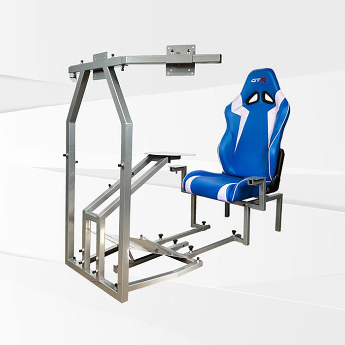 This is the full view of the silver GTR Simulator CRJ Model Flight Simulator with the Speciale Blue-White seat attached.