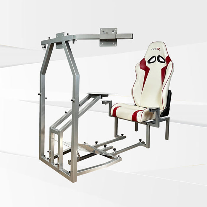 This is the full view of the silver GTR Simulator CRJ Model Flight Simulator with the Speciale White-Red seat attached.