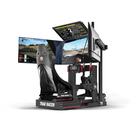 This is the complete setup of the TrakRacer Large Freestanding Quad Monitor Stand with a simulator chair and 4 monitors attached.