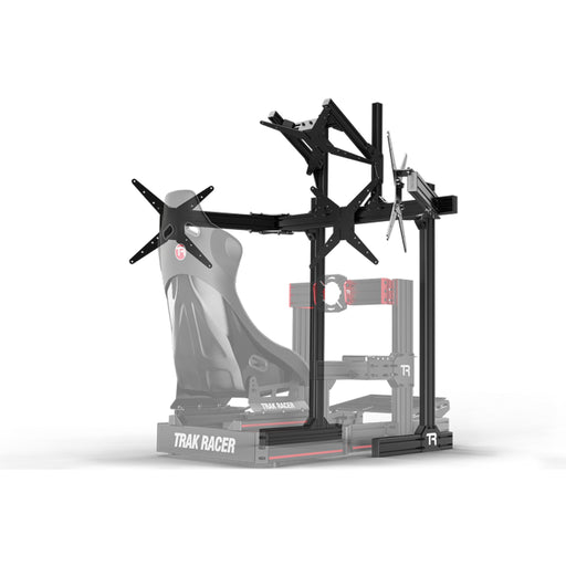 This is the TrakRacer Large Freestanding Quad Monitor Stand with a reimagination of the simulator seat attached to it.