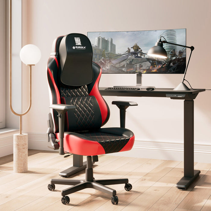 Red Warzone Gaming Chair in a simple room corner setting with good daytime lighting.