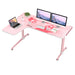 Left-sided Pink L-Shape Desk with peripherals on top.