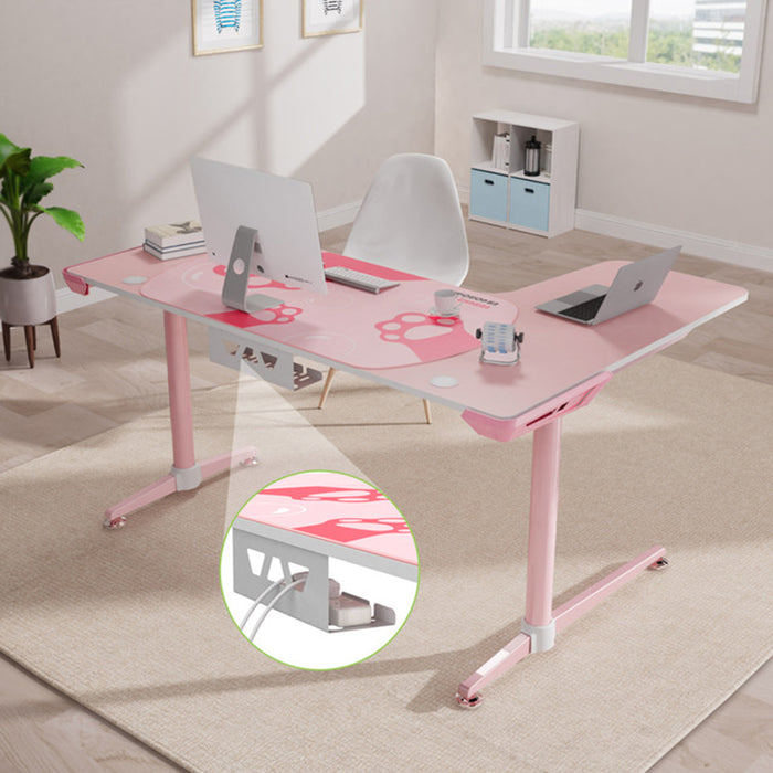 Left-sided Pink L-Shape Desk in a simple office setting showcasing the hidden shelf below the desk.