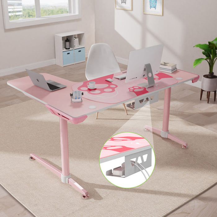 Right-sided Pink L-Shape Desk in a simple office setting showcasing the hidden shelf below the desk.