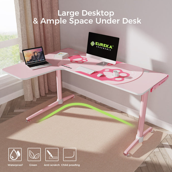 Left-sided Pink L-Shape Desk features: spacious surface, waterproof, anti-scratch and child-proofing.