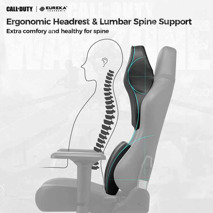 Black Warzone Gaming Chair headrest and lumbar spine support feature.