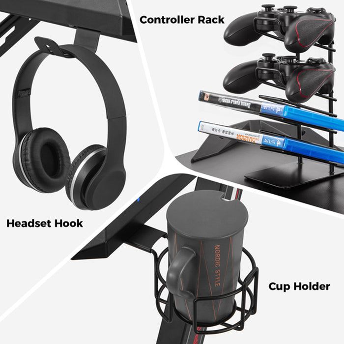 Z-Shape RGB Desk features: headset hook, cup holder, controller rack.
