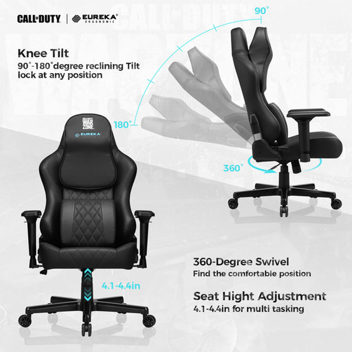 Black Warzone Gaming Chair reclining adjustable, knee-tilt feature, seat height adjustable and 360-degree swivel.
