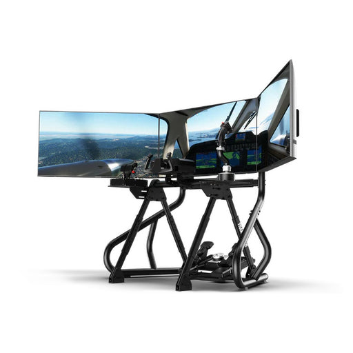 FS3 Flight Wheel Stand with game controllers mounted and triple-monitor stand attached with triple sample monitors mounted.