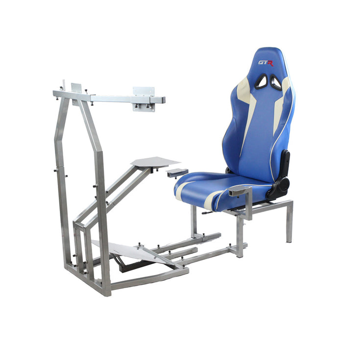  GTR Simulator CRJ-S-S101LBK  Model with Adjustable Leatherette Seat, Flight Simulation Cockpit with Dual Control Mount and Triple or Single Monitor Stand – Color Seat Options Available blue white complete product