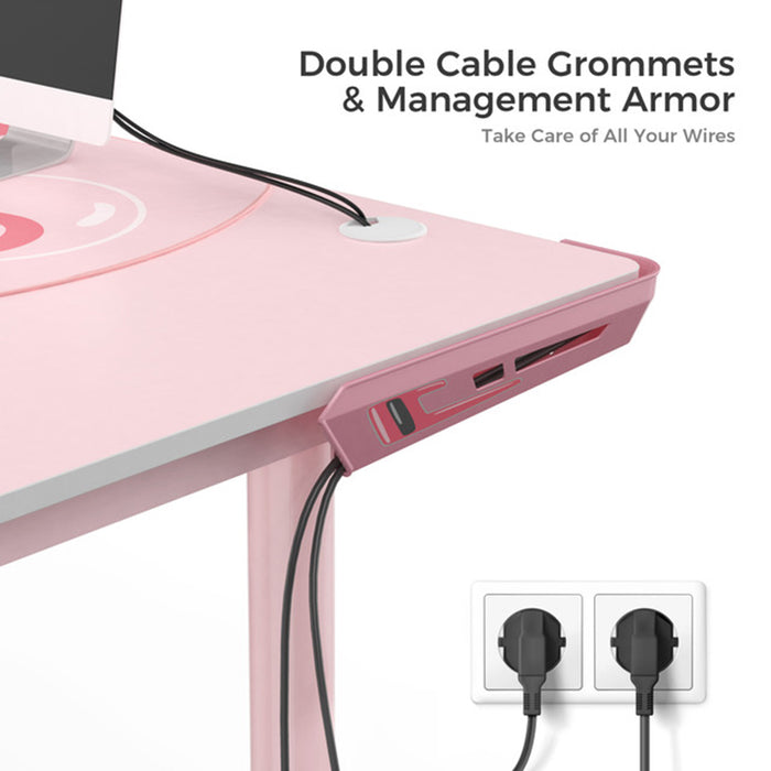 Pink L-Shape Desk cable management feature.