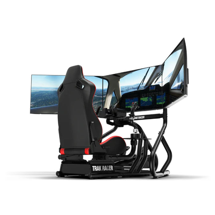 RS6 Flight Simulator with Rally Seat and complete game controllers mounted as well as a triple monitor stand with triple monitors mounted full side view.