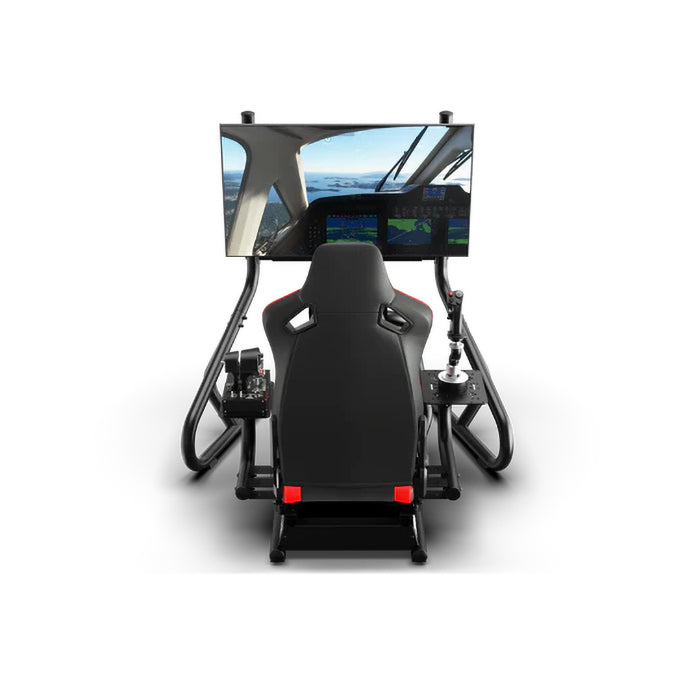 RS6 Flight Simulator with Rally Seat and complete game controllers mounted as well as a single monitor stand with a monitor mounted full view from the back.