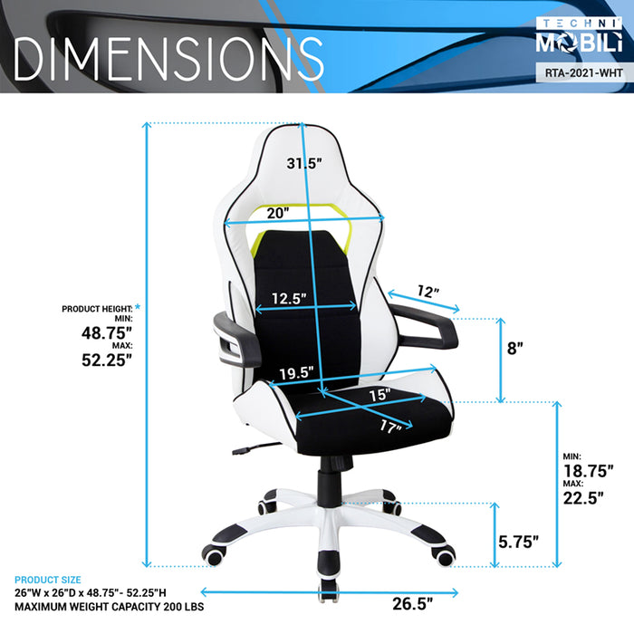 White Ergonomic Racing Style Home & Office Chair dimensions