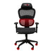 This is the full front view of the Red/Black TS36C AIRFLEX Cool Mesh with the Techni Sport logo embedded on the headrest. It has a red waist support and red wheels while the whole chair and majority of the parts are black.