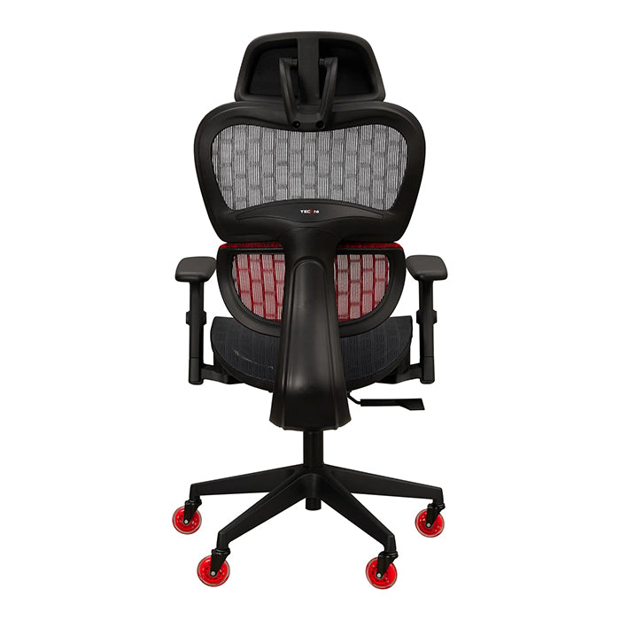 This is the back view of the TS36C AIRFLEX Cool Mesh with black back support and arm rests. The wheels are colored red.