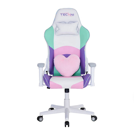 This is the image of TS-42 Office-PC Gaming Chair Kawaii full front with a combination of pastel colors- mint green, purple, white and pink. The waist support with a heart shape is colored pastel pink while the headrest, armrests and base support are white.