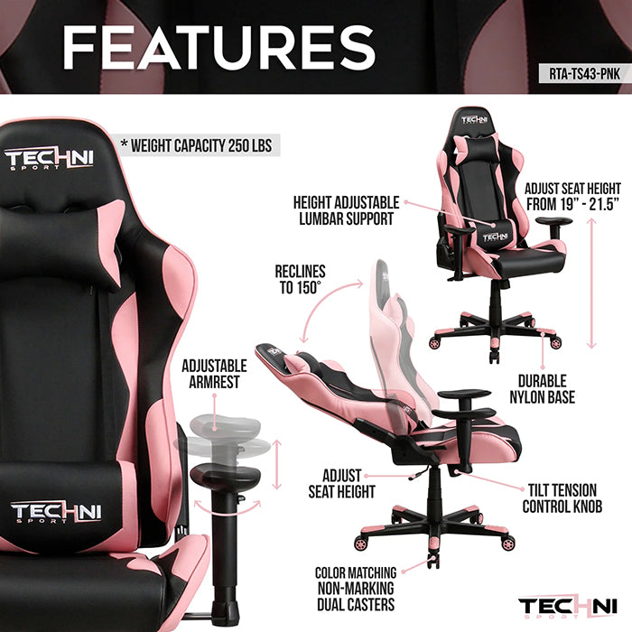 This is the image of the main features of TS-4300 Ergonomic High Back Racer Style PC Gaming Chair.