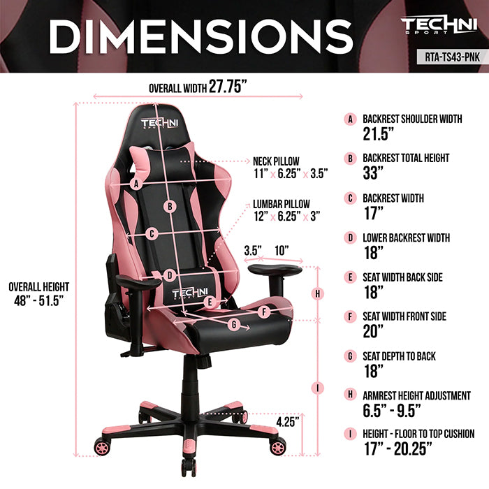 This image shows the dimensions of the TS-4300 Ergonomic High Back Racer Style PC Gaming Chair in front view and side view.