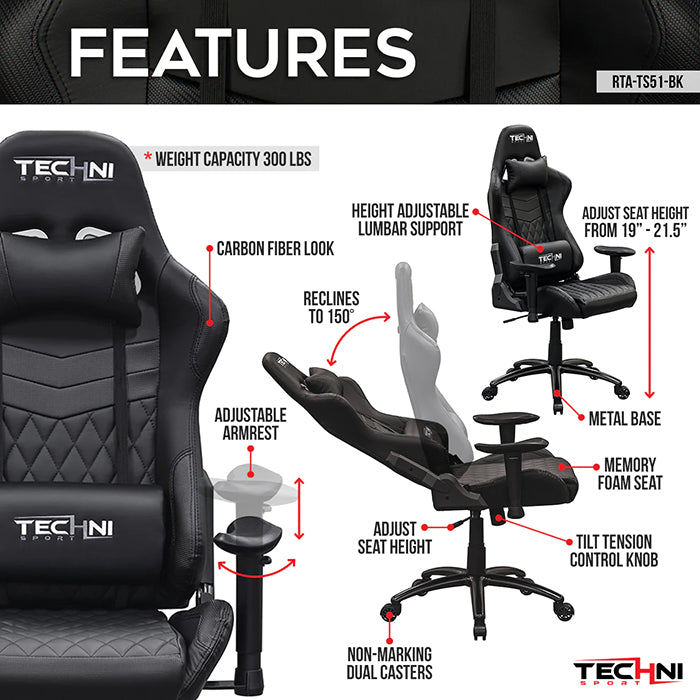 This is the image of the main features of TS-5100 Ergonomic High Back Racer Style PC Gaming Chair.