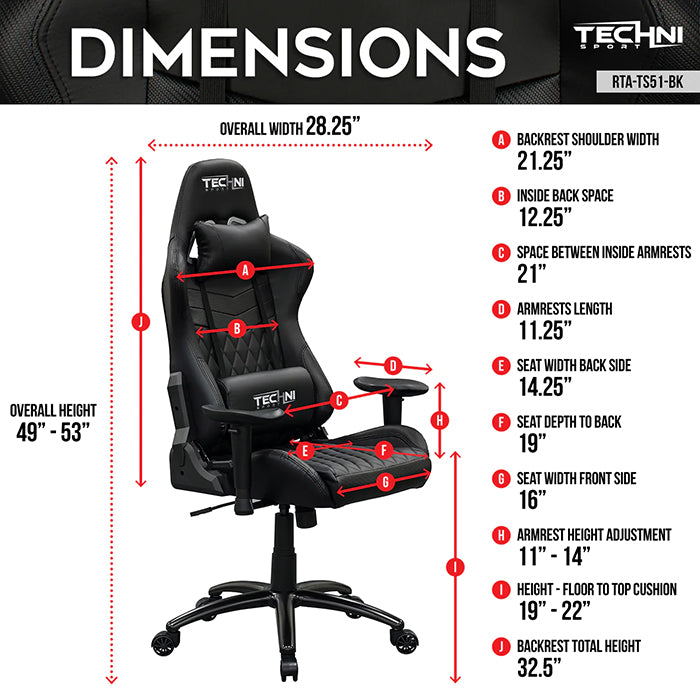This image shows the dimensions of the TS-5100 Ergonomic High Back Racer Style PC Gaming Chair in front view and side view.